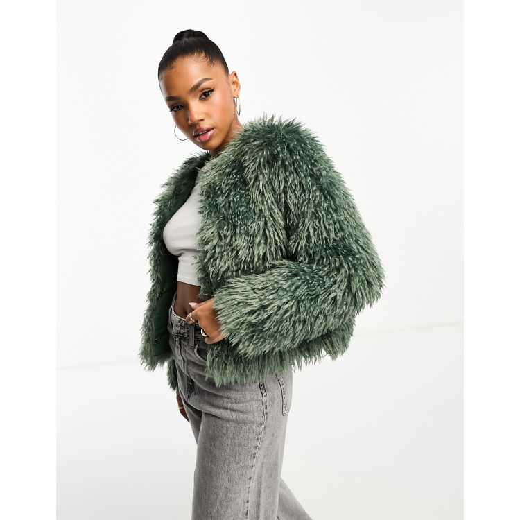Urban Revivo faux fur cropped jacket in sage green | ASOS