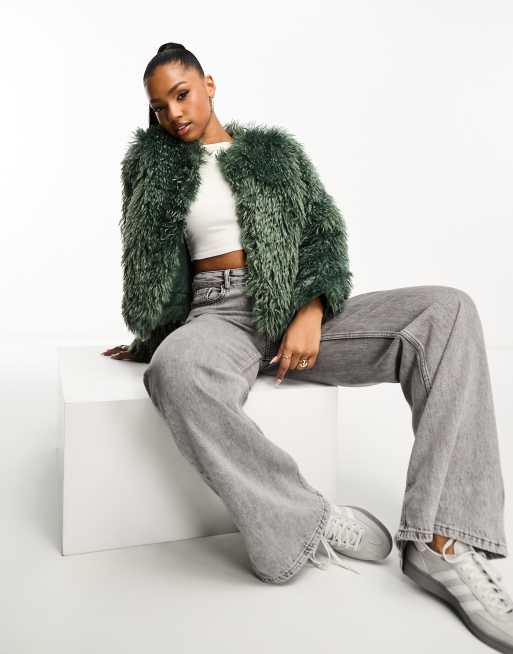 Urban Revivo faux fur cropped jacket in sage green | ASOS