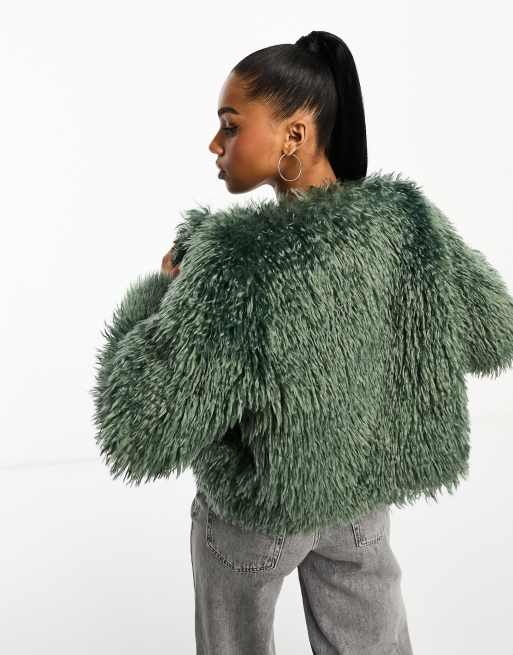 Green cropped deals fur jacket