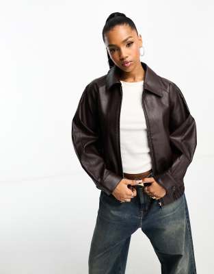 Urban Revivo faux leather bomber jacket in dark brown - ASOS Price Checker