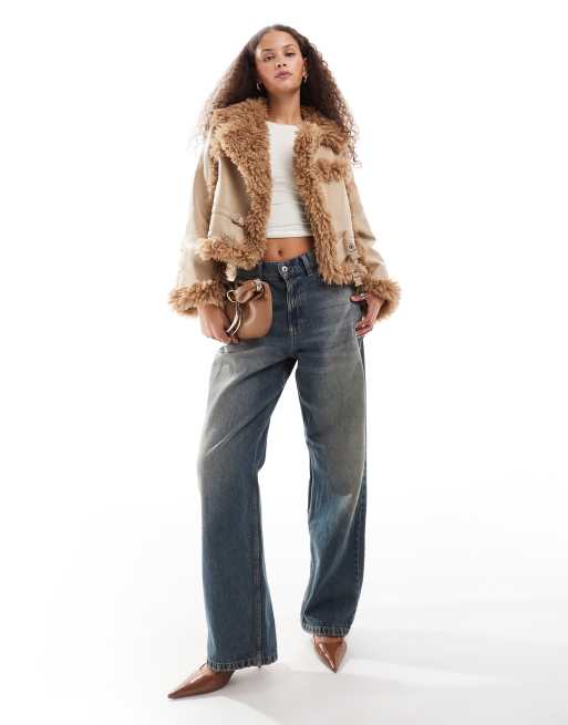 Urban Revivo faux leather jacket with faux fur trim in beige