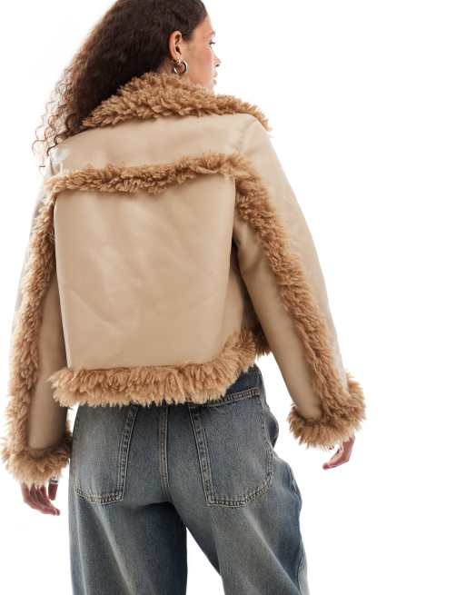 Urban Revivo faux leather jacket with faux fur trim in beige