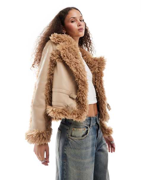 Urban Revivo faux leather jacket with fur trim in beige - view 1