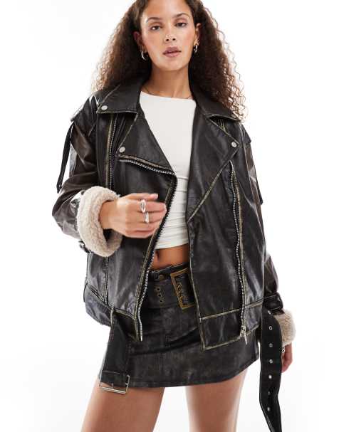 Urban Revivo faux leather oversized biker jacket in brown - view 1