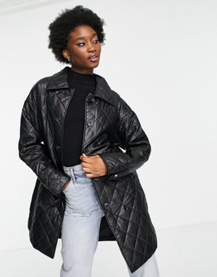 Urban Revivo faux leather quilted coat with belt in black