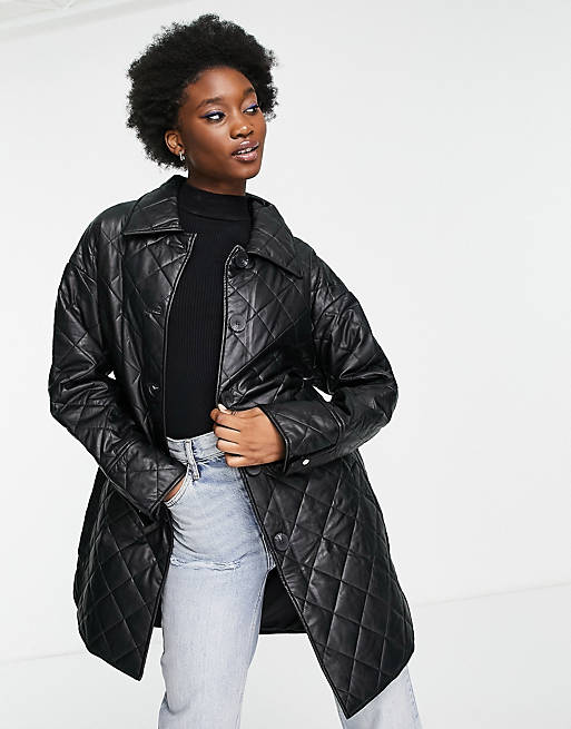 Urban Revivo faux leather quilted coat with belt in black