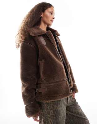 Urban Revivo faux shearling aviater jacket in dark brown