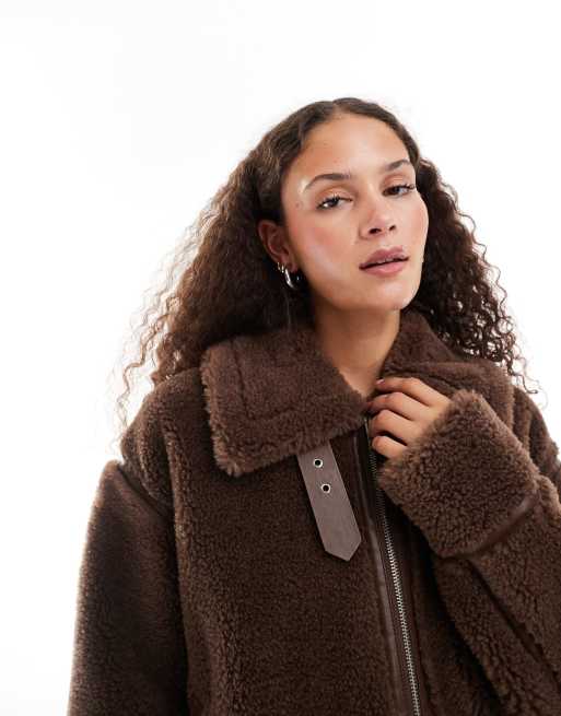 Urban Revivo faux shearling aviater jacket in dark brown