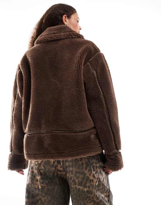 Urban Revivo faux shearling aviater jacket in dark brown