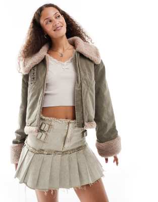 Urban Revivo faux shearling boxy jacket in army green
