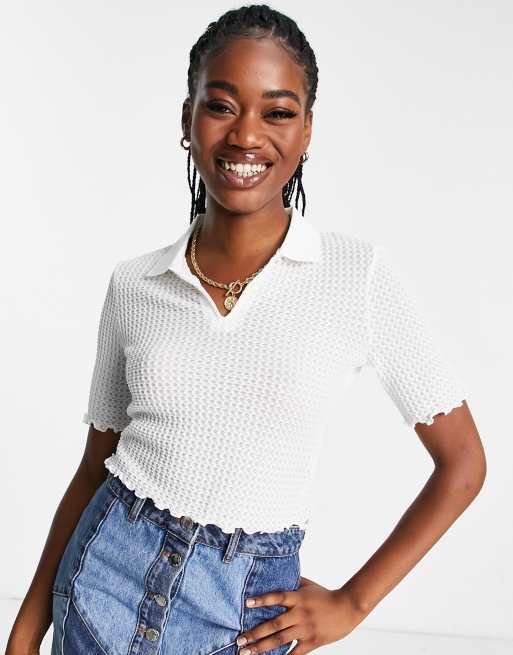 Urban Revivo fitted polo top in white texture