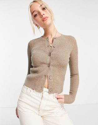 Urban Revivo fitted ribbbed cardigan in beige