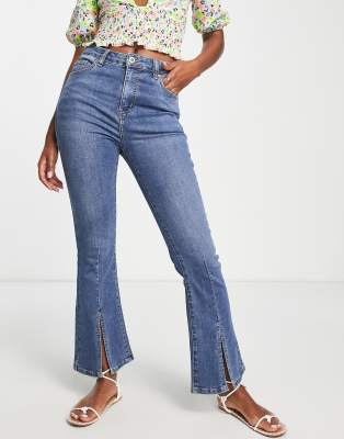 Urban Revivo flare jeans with front slit in mid blue | ASOS