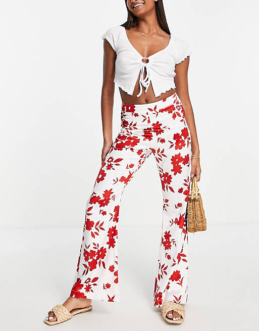 Urban Revivo flared pants in red floral print (part of a set) 
