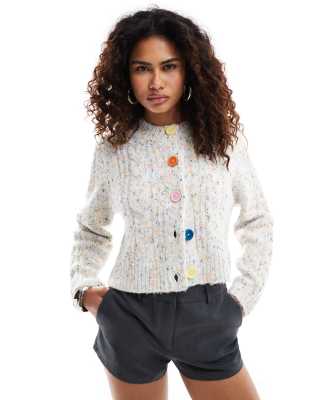 Urban Revivo flecked cable knit cardigan with contrast buttons in cream multi-White