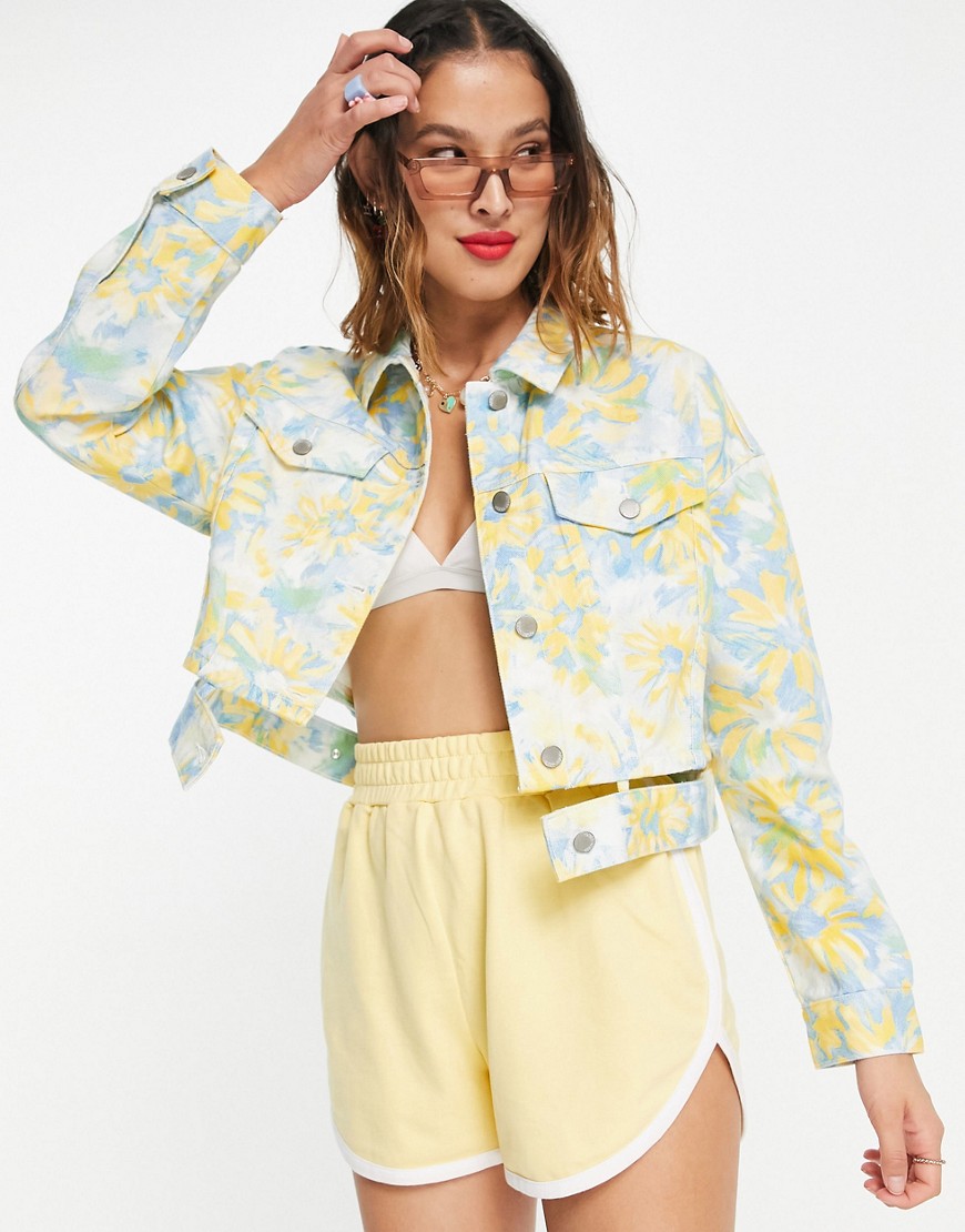 Urban Revivo floral print denim jacket with cut out detail in multi