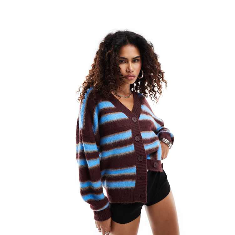 Urban Revivo fluffy stripe oversized cardigan in blue and brown | ASOS