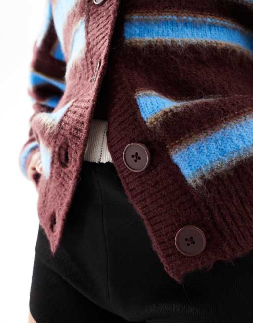 Urban Revivo fluffy stripe oversized cardigan in blue and brown, 4 of 4