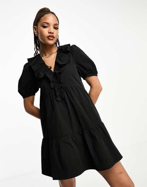 Urban Revivo frill collar smock mini dress in black | ASOS