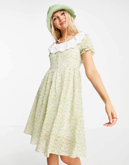 Urban Revivo frill neck floral print mini dress in green | ASOS