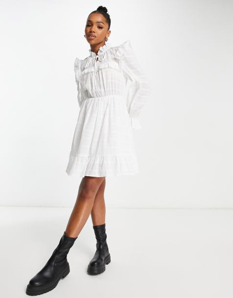 Urban Revivo frill shoulder high neck mini dress in off white - view 1