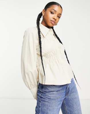 Urban Revivo gathered detail shirt in beige-Neutral