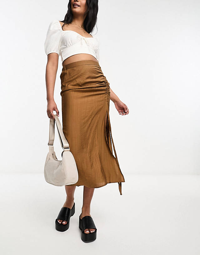 Urban Revivo - gathered side crinkle midi skirt in brown