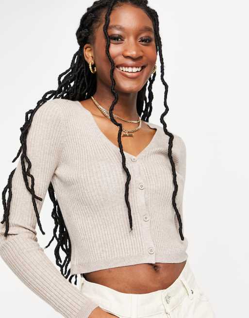 Urban Revivo - Geribbeld cropped vest met V-hals in taupe