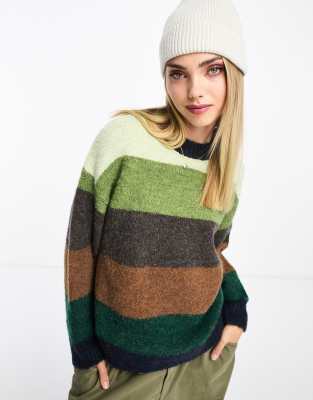 Urban Revivo - Gestreifter Dad-Pullover in Grün-Bunt mit Oversize-Schnitt