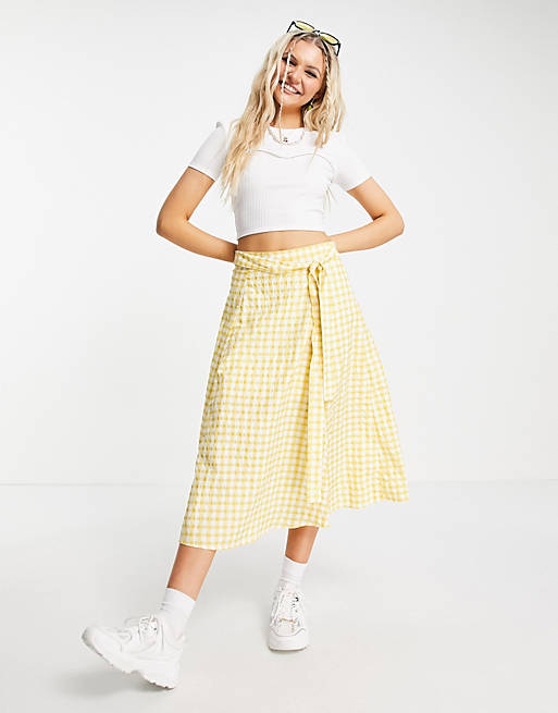 Urban Revivo gingham print midi skirt in yellow