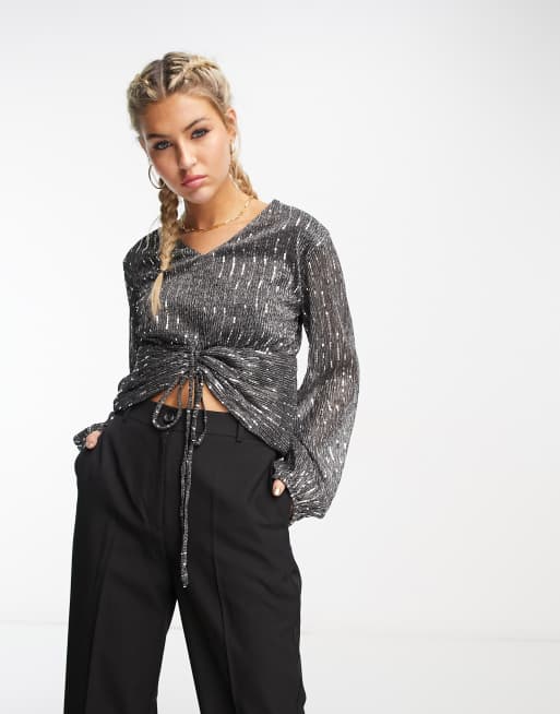 Urban Revivo - Glittertop met lange mouwen en aangerimpelde voorkant in zwart