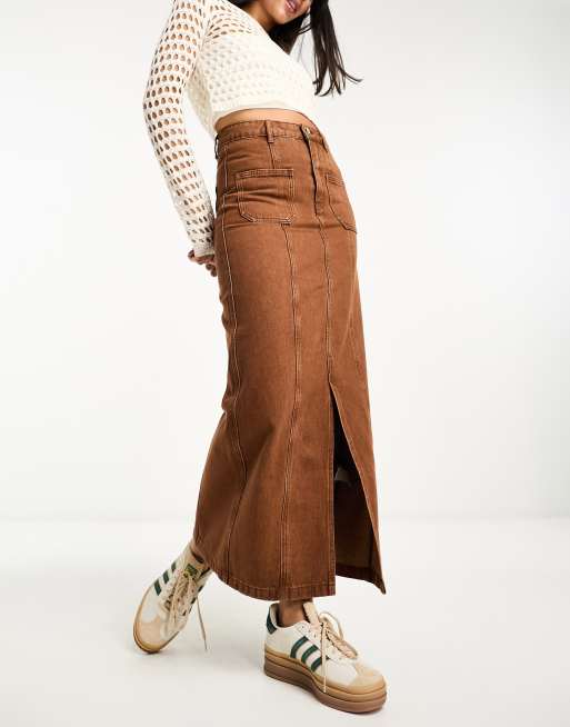 Urban Revivo - Gonna midi marrone slavato con tasche doppie