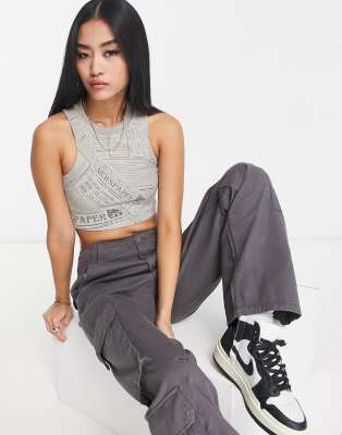 Urban Revivo High Neck Graphic Tank Top In Gray