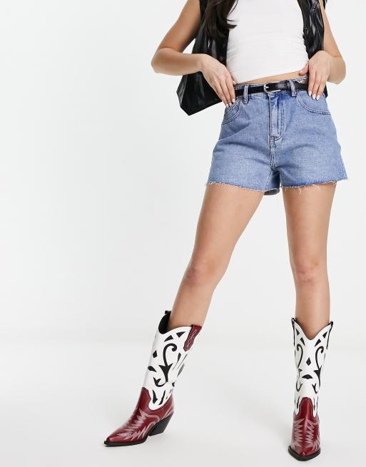 Urban Revivo high rise denim shorts with raw hem in blue