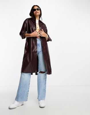 Urban Revivo high shine long coat in dark brown - ASOS Price Checker