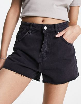 Urban Revivo high waist denim shorts with raw hem in black