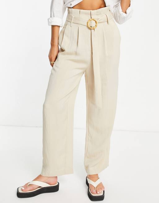 Urban Revivo high waisted linen trousers with belt in beige  