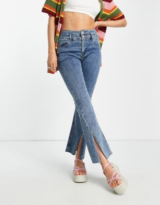 Urban Revivo flare jeans with raw hem in light blue - ASOS Price Checker