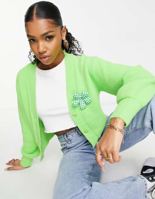 Urban Revivo knit cardigan with flower detail in light green | ASOS