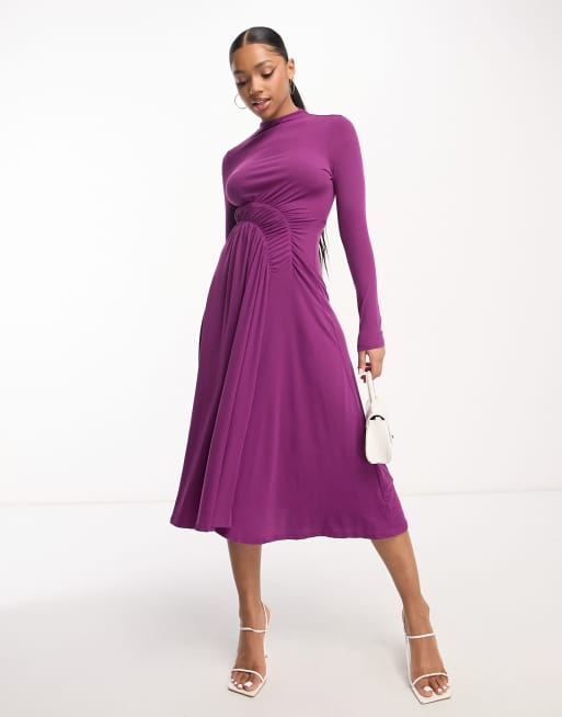 Urban Revivo – Langärmliges Midikleid in Lila mit Raffung vorne 