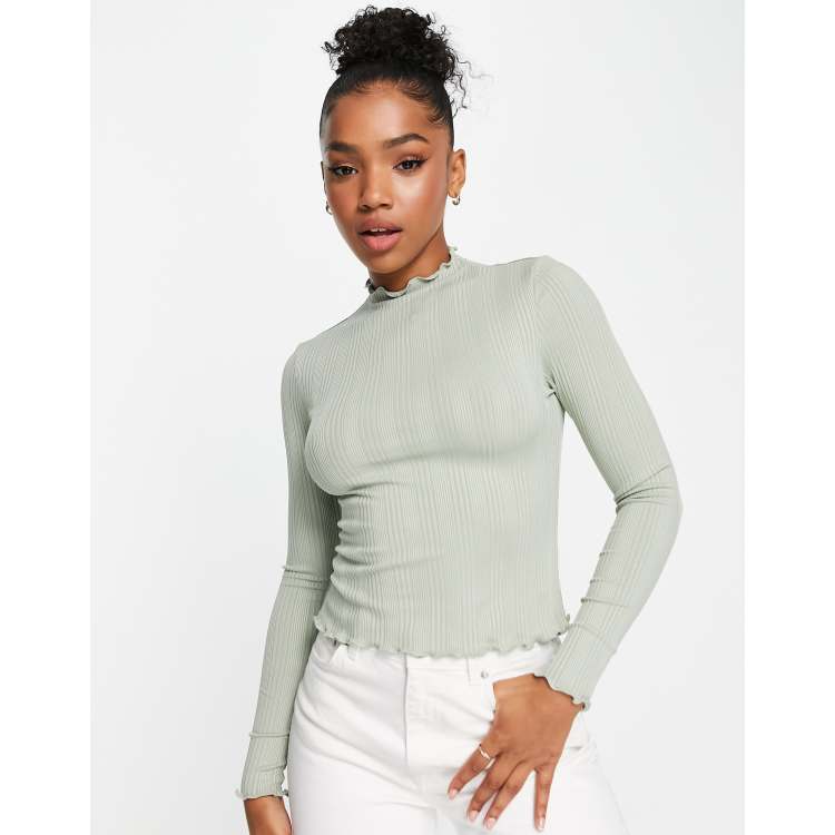 Urban Revivo lettuce hem long sleeve top in sage green