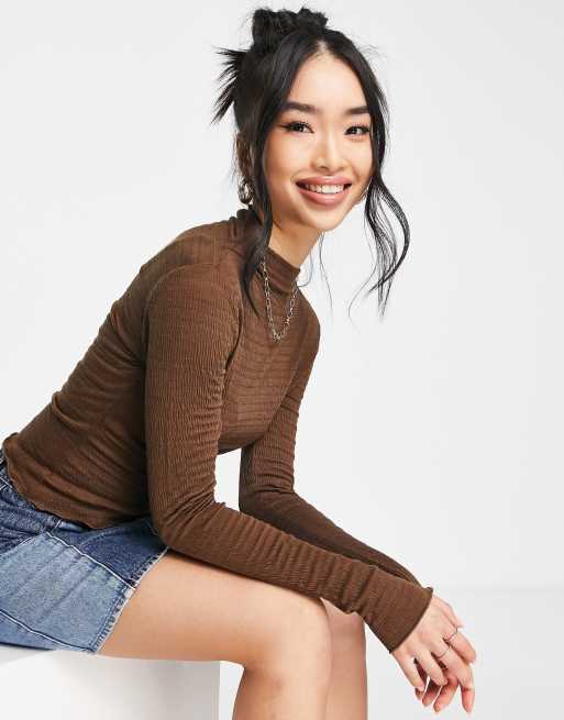 Urban Revivo lettuce hem top in brown