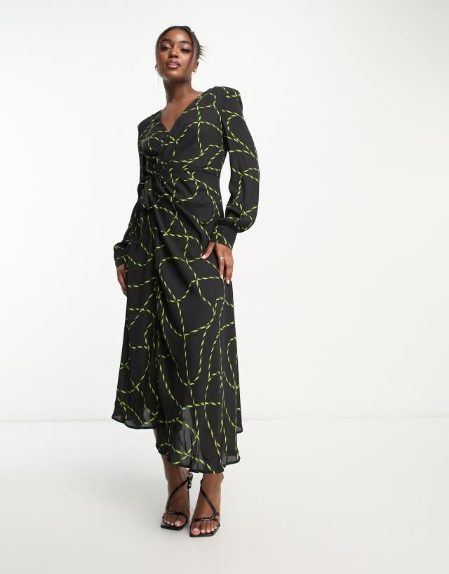 Urban Revivo - long sleeve abstract print midi dress in black