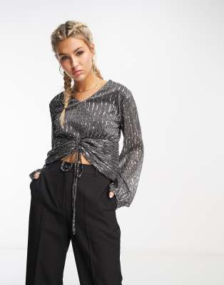 Urban Revivo Long Sleeve Front Gathered Glitter Top In Black