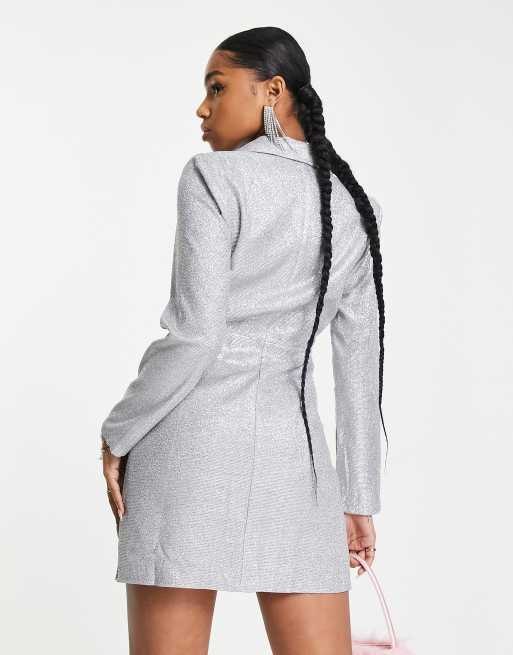 Urban Revivo long sleeve glitter blazer mini dress in silver | ASOS