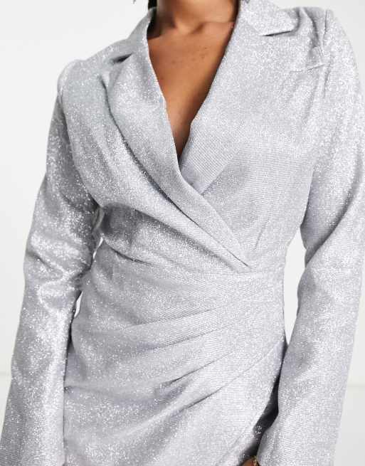 Urban Revivo long sleeve glitter blazer mini dress in silver | ASOS