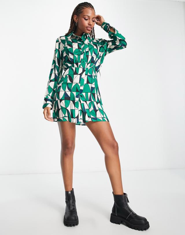 Urban Revivo - long sleeve graphic mini dress in green multi