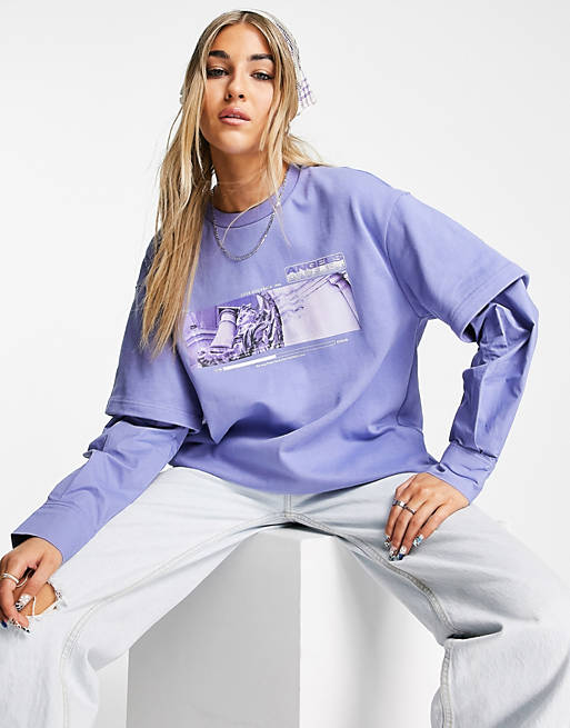 Tops Urban Revivo long sleeve graphic t-shirt in purple 