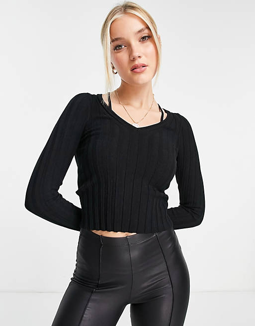 Women Urban Revivo long sleeve knitted top in black 
