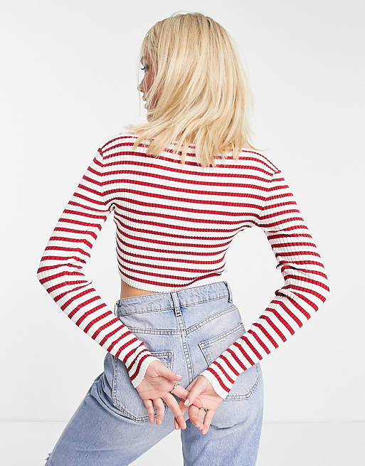 Women Urban Revivo long sleeve knitted top in red stripe 